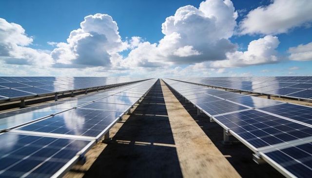 Converging rows of solar panels reflecting clouds at photovoltaic farm under blue sky