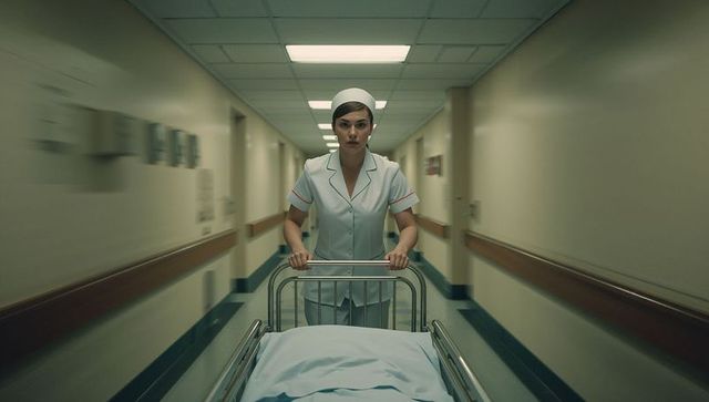 Dedicated nurse pushing gurney in hospital corridor