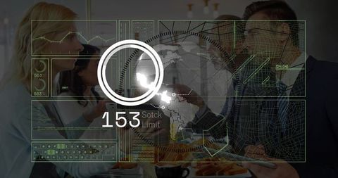 Team Collaborating with Futuristic Augmented Reality Dashboard Overlay for Data Analysis