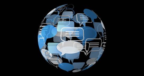 Blue message bubbles forming a rotating sphere