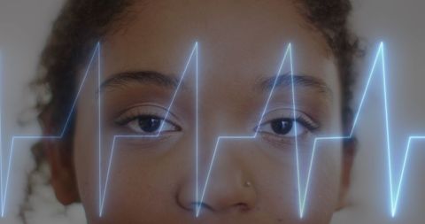 Heartbeat line overlaying thoughtful african american woman