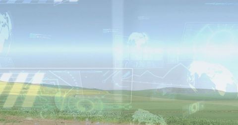 Holographic Agricultural Dashboard Projecting Global Data Over Rolling Countryside Fields