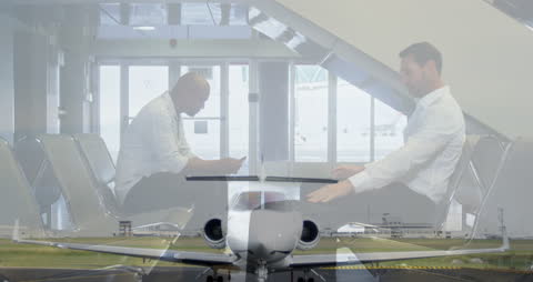 Businessmen Overlapping with Private Jet and Financial Data Concept