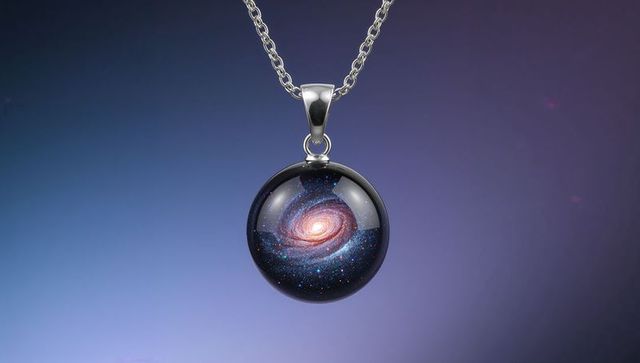 Galactic glass cabochon pendant with spiral galaxy encased in silver bail and chain