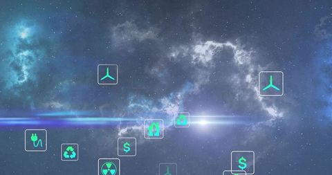 Holographic eco energy icons drifting over nebula galaxy background for futuristic tech interface