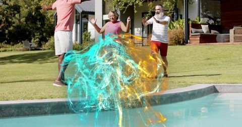 Three adults reacting at backyard pool to vibrant turquoise-gold splash effect