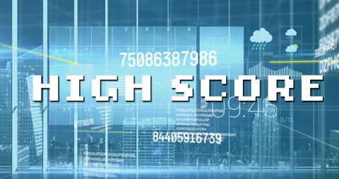 High Score Text on Digital Interface with Cityscape Background