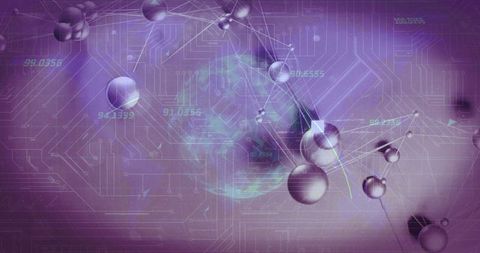 Futuristic purple molecular network connecting metallic spheres with digital circuit grid