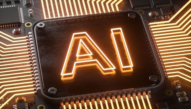 Glowing ai microchip on circuit board with neon copper traces and fastening screws close-up
