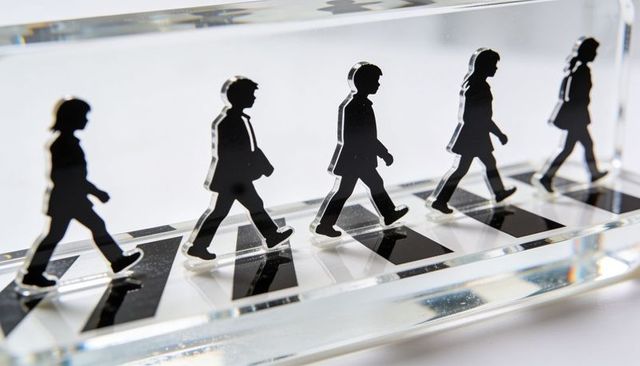 Clear acrylic block with pedestrian silhouettes on zebra crossing reflective minimalist art