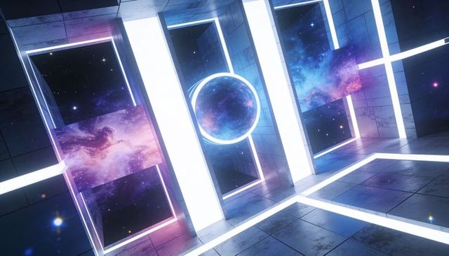 Neon rim-lit orb floating inside futuristic corridor with vertical light panels and nebula