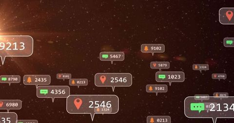 Floating notification bubbles in cosmic data space with location pins and metrics