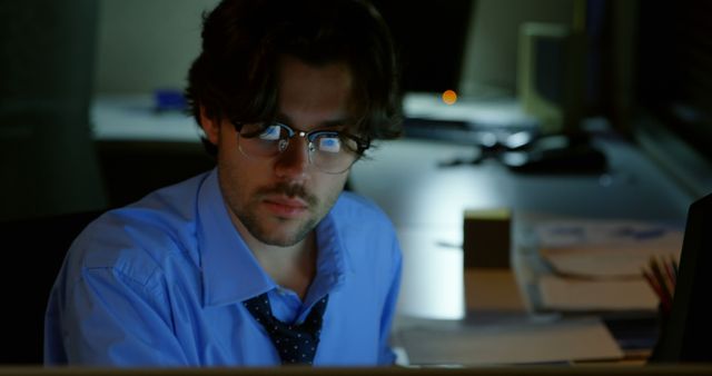 Young professional wearing glasses working late at office. Man appears focused and dedicated, illuminated by computer screen light. Ideal for using in business, productivity, night office culture, and late-night work themes.