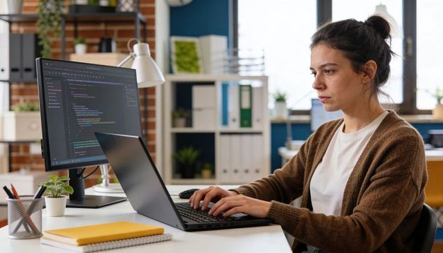 Female software developer typing on laptop with code monitor in modern sunlit office