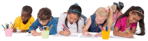 Diverse Schoolchildren Actively Engaged in Coloring on Transparent Background