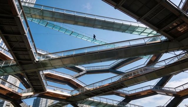 Pedestrian walking on glass skywalk among geometric metal stairways and clear blue sky