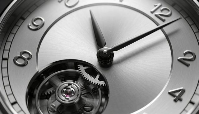 Luxury watch macro showing dauphine hands and exposed balance wheel on brushed dial