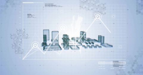 Holographic 3d industrial plant hud with tanks, conveyors and modular layout