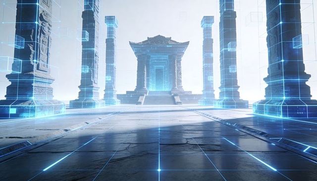 Futuristic ancient temple with holographic grid, glowing doorway, cyber courtyard, pillars