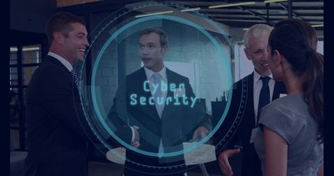 Executives shaking hands during cybersecurity networking meeting with holographic interface