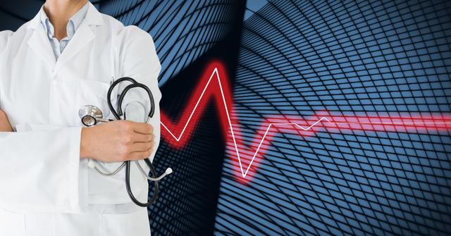 Female doctor confidently holding a stethoscope in front of a digitally generated geometric background featuring a heartbeat line. Perfect for medical ads, healthcare articles, hospital brochures, and cardiology-focused content.