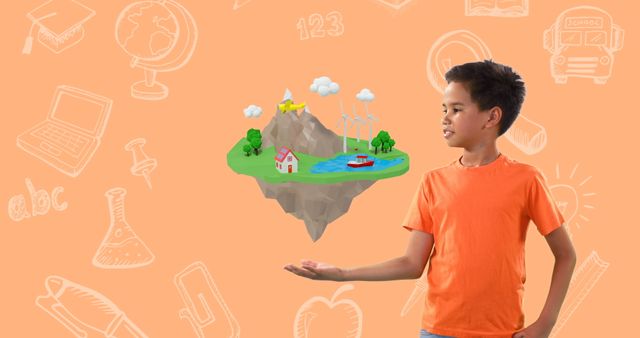 Young boy in orange shirt holding floating island with eco-friendly elements. Island includes wind turbines, house, lake, and mountains, promoting sustainable living and clean energy. Educational symbols like books, ABCs, and school bus in background. Great for educational materials, environmental campaigns, and imaginative learning resources.