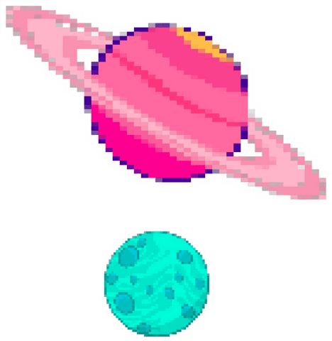Retro sci-fi pixel art planets on transparent canvas