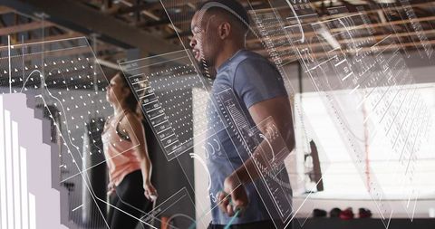 Couple skipping rope gym training with futuristic hud overlays displaying fitness data