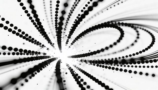 Radiating black dot filaments converging toward bright center, monochrome abstract motion