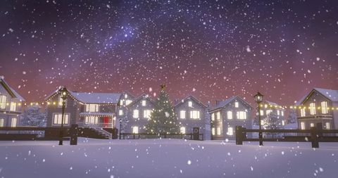 Festive Winter Wonderland with Snowy Village and StarrySky