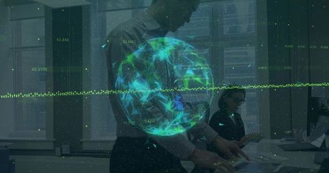 Business team collaborating over data visualization with holographic globe and analytics