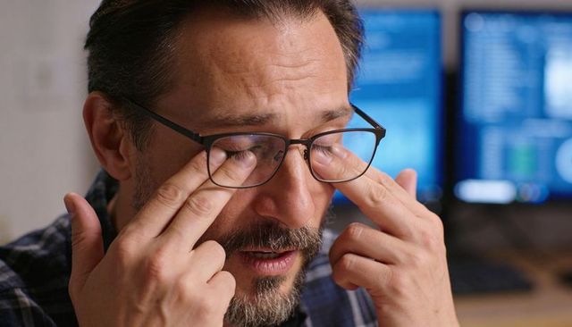 Overworked man rubbing eyes and adjusting glasses at workstation with multiple monitors