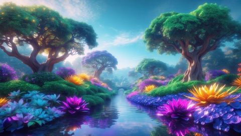 Mystical Enchanted Forest with Vibrant Lotus Flowers Along a Serene Stream - Download Free Stock Images Pikwizard.com