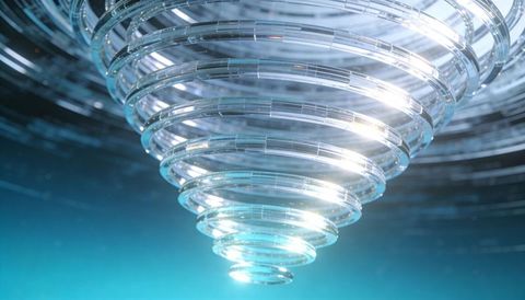 Glassy spiral vortex of concentric rings forming inverted cone with bright teal light flares