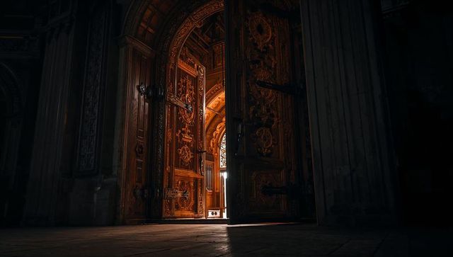 Ornate cathedral doorway revealing golden beam through carved wooden portal with iron hinges