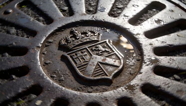 Displaying cast-iron drain cover embossed with heraldic crest and rain puddles