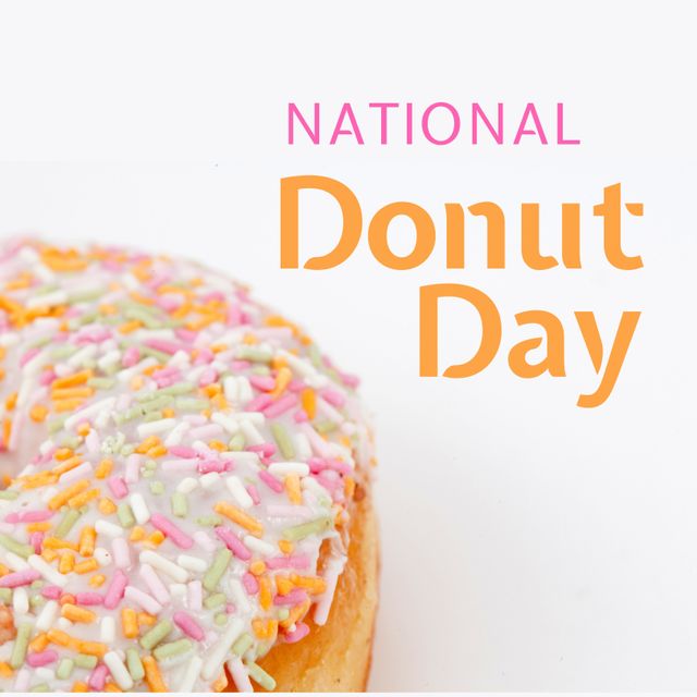 Celebratory National Donut Day with Sprinkled Donut on White Background - Download Free Stock Templates Pikwizard.com