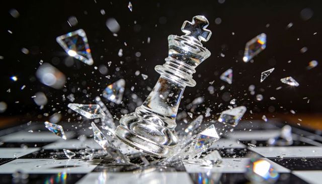 Glass chess king shattering on checkered board with prism shards and color refractions