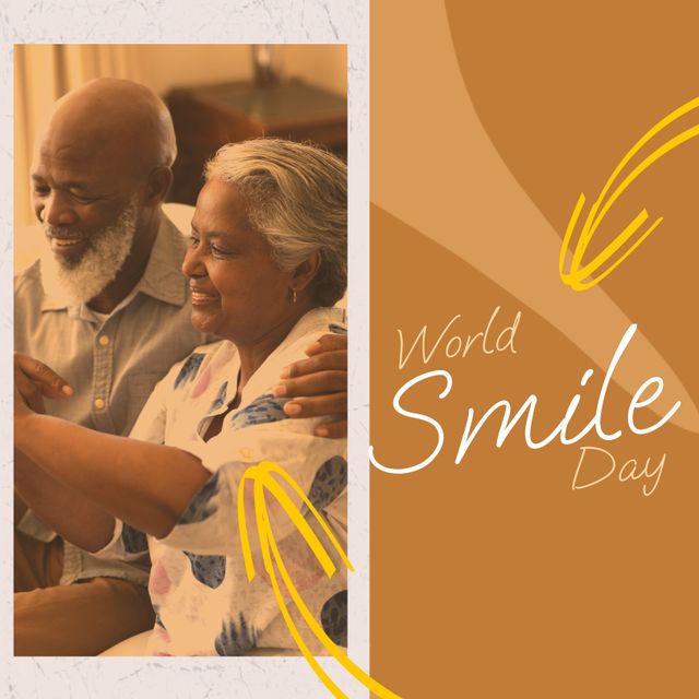This image depicts a diverse senior couple embracing and smiling genuinely, overlayed with text celebrating World Smile Day. Ideal for promoting senior wellness, happiness campaigns, emotional well-being, and advertisements focused on senior care and community events.