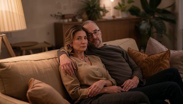 Middle-aged couple cuddling on sofa under warm lamp light, intimate cozy evening scene