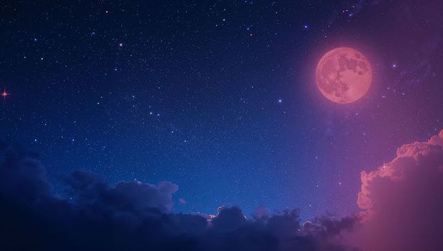 Pink Full Moon Illuminating Majestic Starry Night Sky and Clouds