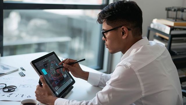 Young designer sketching app interface on tablet with stylus at modern desk