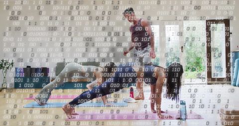 Digital Overlay on Yoga Class Highlighting Fitness & Technology Fusion