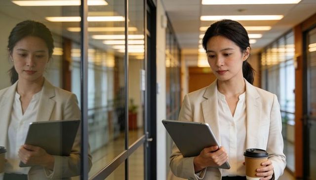 Businesswoman holding tablet and coffee checking screen in office hallway reflection