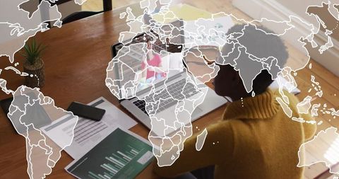 Woman attending online meeting with global connection overlay