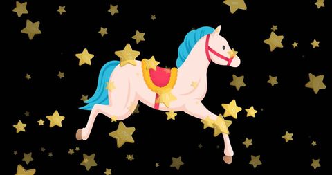 Cartoon Horse with Falling Gold Stars on Black Background
