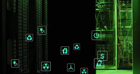 Ecology Icons Overlaying Green Glowing Server Room - Download Free Stock Images Pikwizard.com