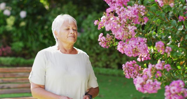 This image depicts a senior woman with grey hair enjoying blooming pink flowers in a lush garden setting. She appears relaxed and at peace, a perfect representation of enjoying the golden years in nature. This image can be used for websites or publications related to senior living, healthy aging, gardening, and outdoor leisure activities.