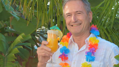 Elderly Man Enjoying Tropical Drink on Vacation in Paradise