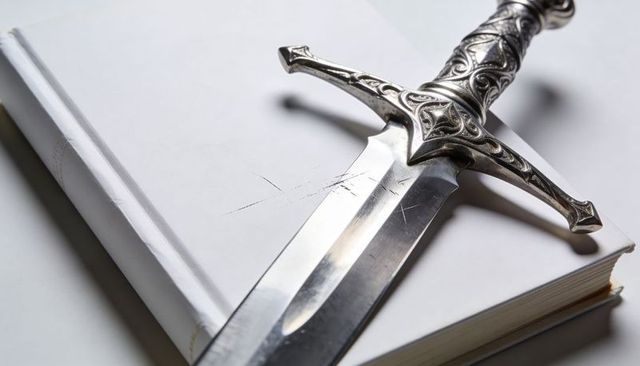 Resting ornate silver-hilt sword across white hardcover book, scratches on polished blade